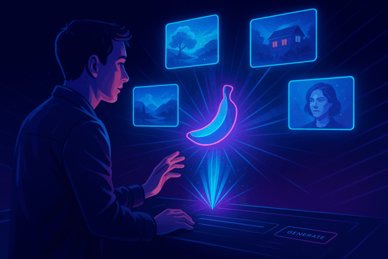 Futuristische scène waarin een man via een holografisch banaan-icoon meerdere AI-gegenereerde beeldopties oproept in neonlicht.