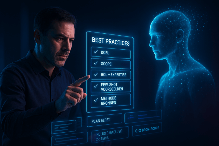 Een mannelijke onderzoeker wijst naar een holografische checklist met best practices, terwijl een digitale AI-figuur van lichtdeeltjes aandachtig meekijkt in een futuristische neonsetting.