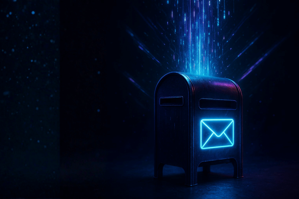 Futuristische metalen brievenbus met een gloeiend neonblauw envelopicoon, omringd door vallende datalichtstralen tegen een donkere achtergrond — symbool voor een AI-nieuwsbrief vol inspiratie.