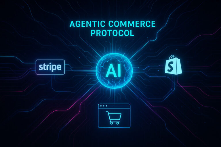 Gloeiende AI-kern verbonden met Stripe-, Shopify- en webshop-iconen via neon datalijnen, die het Agentic Commerce Protocol voorstellen in een futuristische digitale stijl.