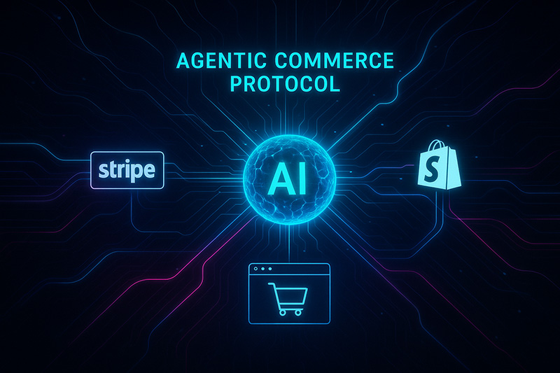 Gloeiende AI-kern verbonden met Stripe-, Shopify- en webshop-iconen via neon datalijnen, die het Agentic Commerce Protocol voorstellen in een futuristische digitale stijl.