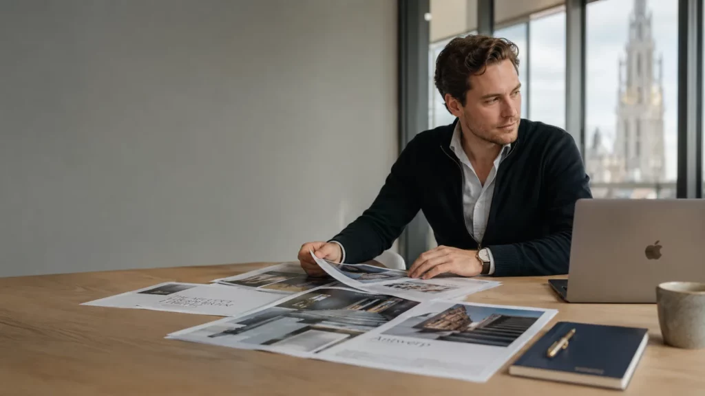 Marketingverantwoordelijke in een Antwerps kantoor bekijkt AI-gegenereerde advertentiebeelden naast een laptop