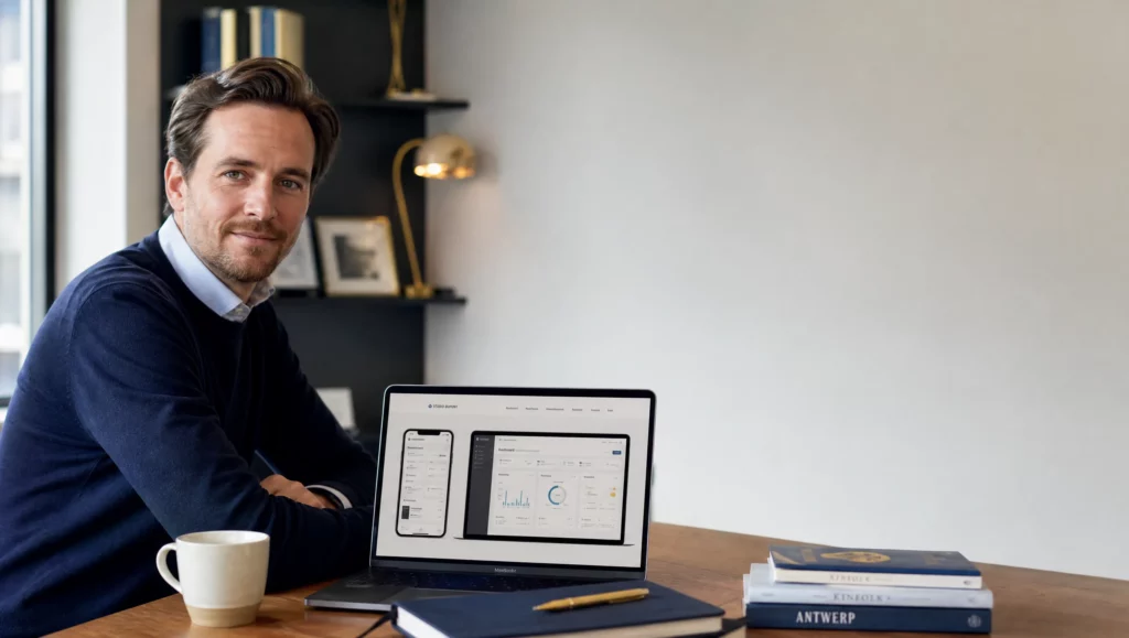 Belgische zaakvoerder bekijkt websiteprototype op laptop in een Antwerps kantoor