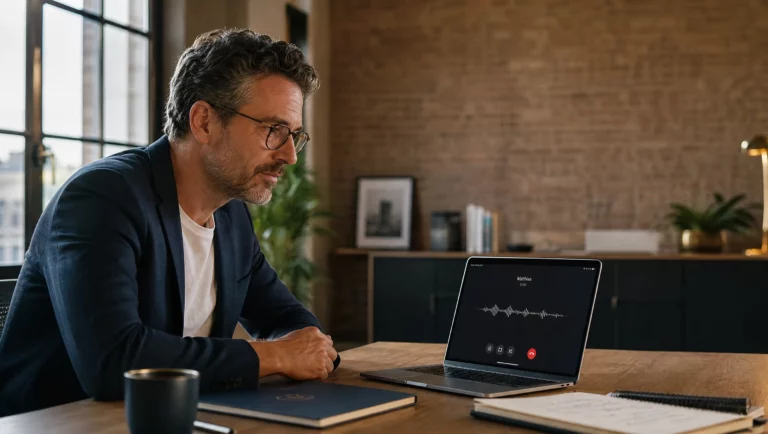 Belgische KMO-zaakvoerder luistert naar een voice agent op een laptop in een Antwerps kantoor